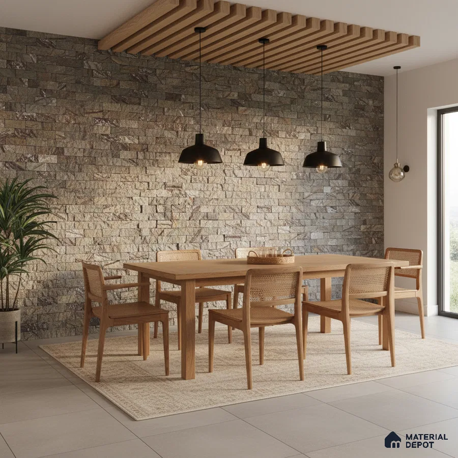 Scandinavian dining room with natural wood dining set, stone cladding accent wall, and wooden ceiling louvers in Bengaluru