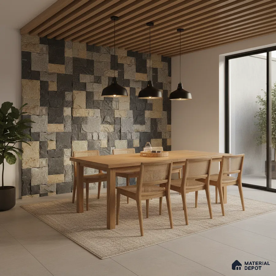 Scandinavian dining room with natural wood dining set, stone cladding accent wall, and wooden ceiling louvers in Bengaluru