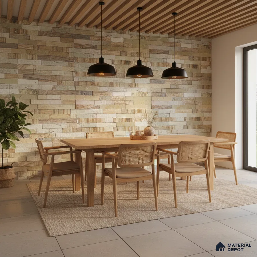Scandinavian dining room with natural wood dining set, stone cladding accent wall, and wooden slat ceiling in Bengaluru