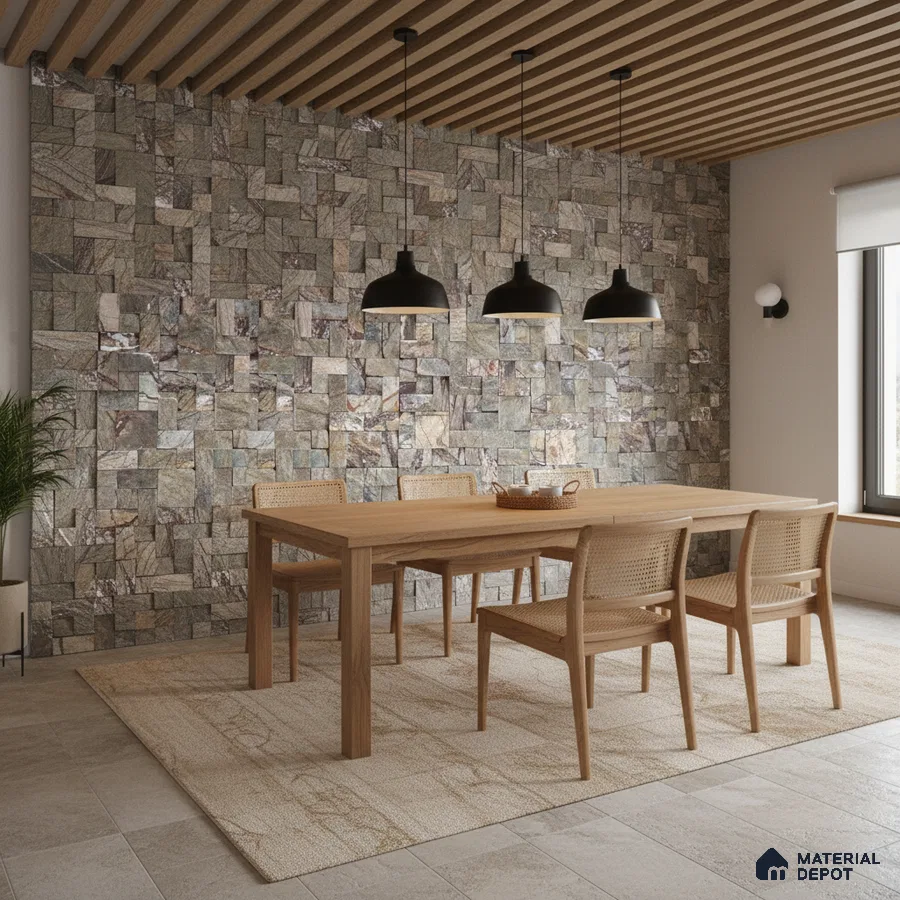 Scandinavian dining room with natural wood dining set, stone cladding accent wall, and wooden slat ceiling in Bengaluru