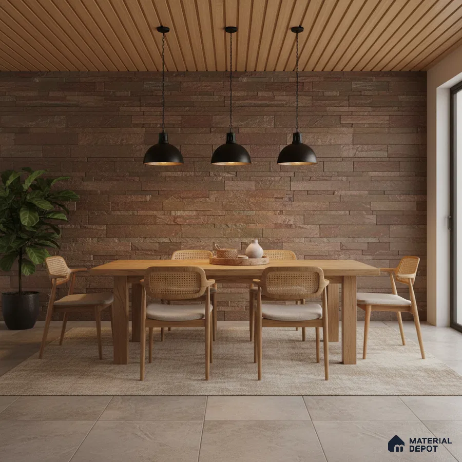 Scandinavian dining room with natural wood dining set, stone cladding accent wall, and wooden slat ceiling in Bengaluru