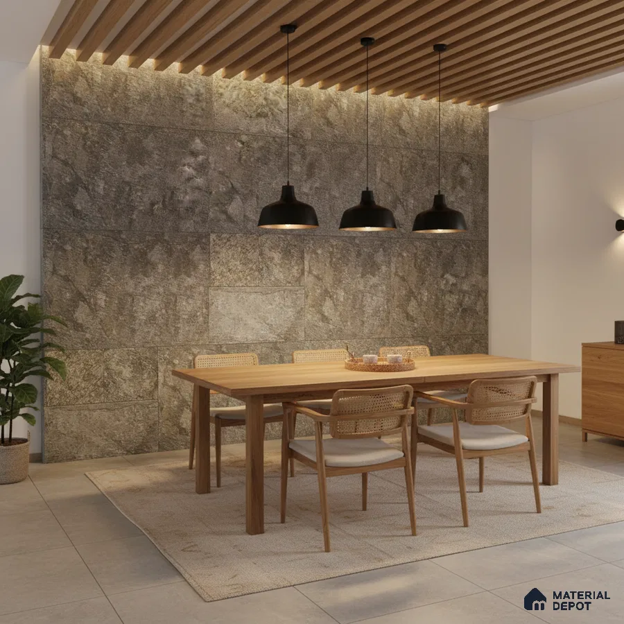 Scandinavian dining room with natural wood dining set, stone cladding accent wall, and wooden slat ceiling in Bengaluru