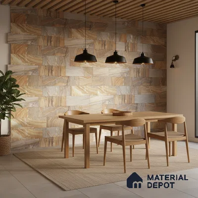 Scandinavian dining room with natural wood furniture and beige stone cladding accent wall in Bengaluru