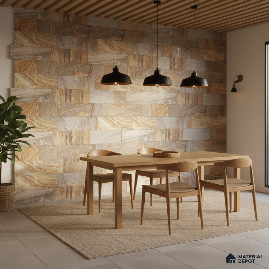 Scandinavian dining room with natural wood furniture and beige stone cladding accent wall in Bengaluru