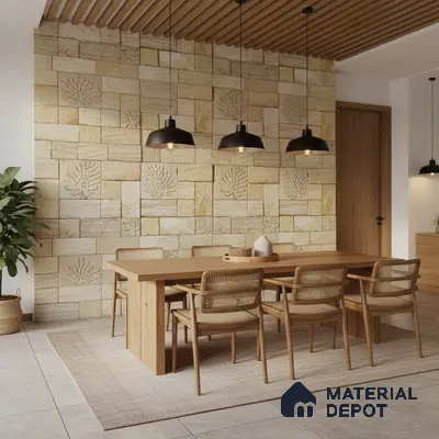 Scandinavian dining room with natural wood furniture and beige stone cladding accent wall in Bengaluru