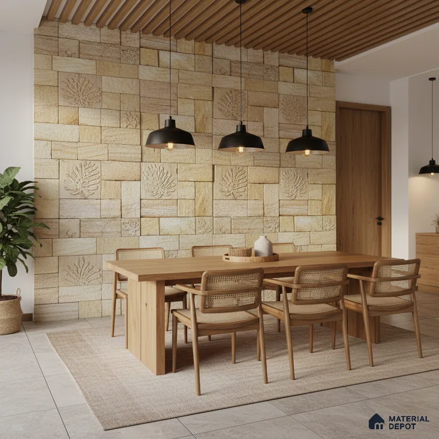 Scandinavian dining room with natural wood furniture and beige stone cladding accent wall in Bengaluru