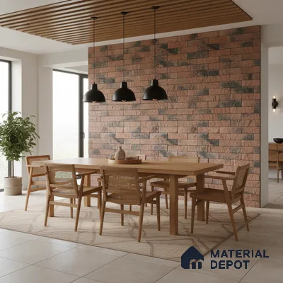 Scandinavian dining room with natural wood furniture and brick stone cladding accent wall in Bengaluru