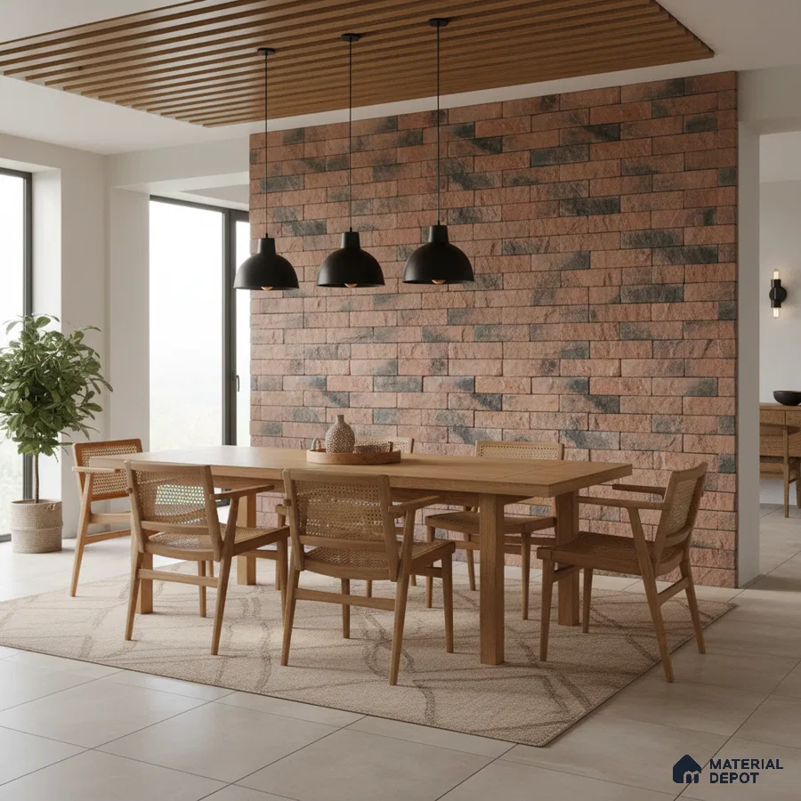 Scandinavian dining room with natural wood furniture and brick stone cladding accent wall in Bengaluru