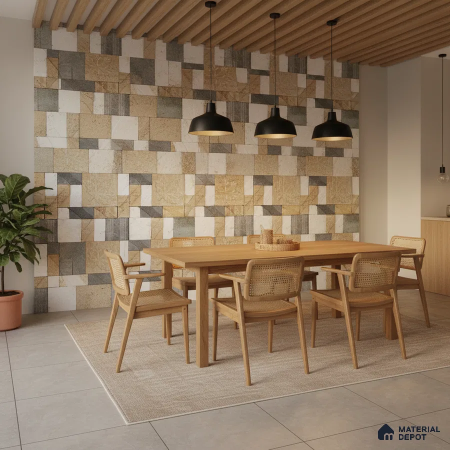 Scandinavian dining room with natural wood furniture and geometric stone cladding accent wall in Bengaluru