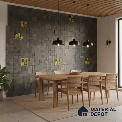 Scandinavian dining room with natural wood furniture and grey stone cladding accent wall in Bengaluru