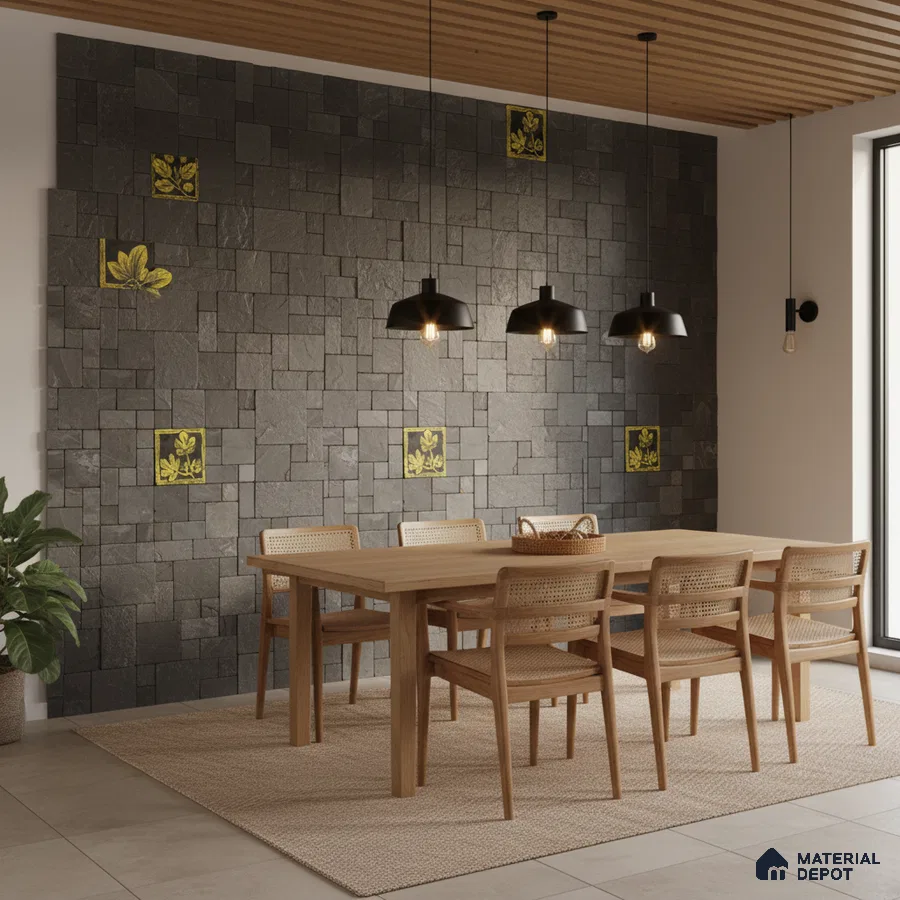 Scandinavian dining room with natural wood furniture and grey stone cladding accent wall in Bengaluru