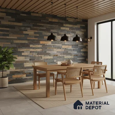 Scandinavian dining room with natural wood furniture and stacked stone cladding accent wall in Bengaluru