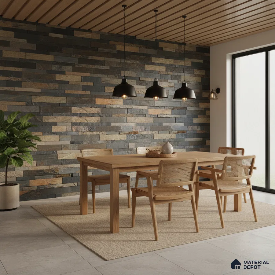Scandinavian dining room with natural wood furniture and stacked stone cladding accent wall in Bengaluru