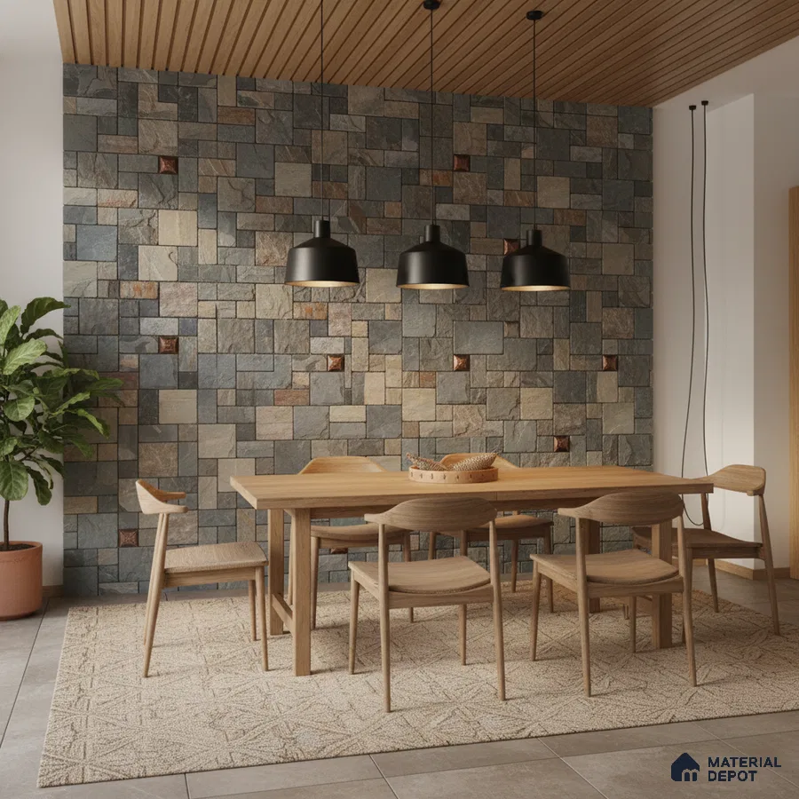 Scandinavian dining room with natural wood furniture and stone cladding accent wall in Bengaluru
