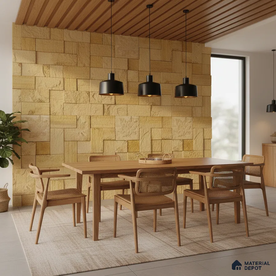 Scandinavian dining room with natural wood furniture and yellow sandstone cladding accent wall in Bengaluru