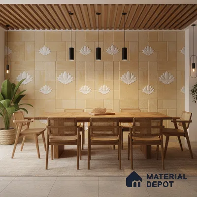 Scandinavian dining room with natural wood furniture, beige carved wall panels, and wooden ceiling louvers in Bengaluru
