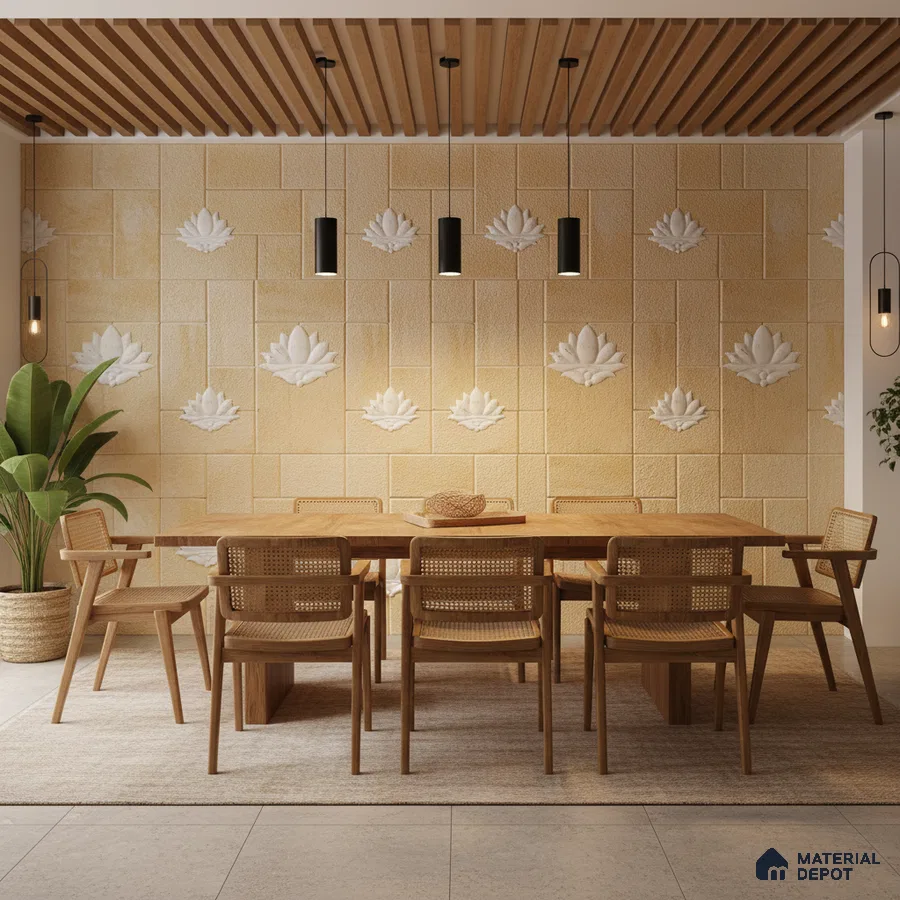 Scandinavian dining room with natural wood furniture, beige carved wall panels, and wooden ceiling louvers in Bengaluru