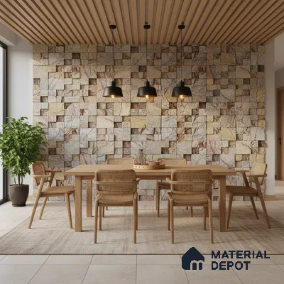 Scandinavian dining room with natural wood furniture, stone cladding accent wall, and wooden slat ceiling in Bengaluru