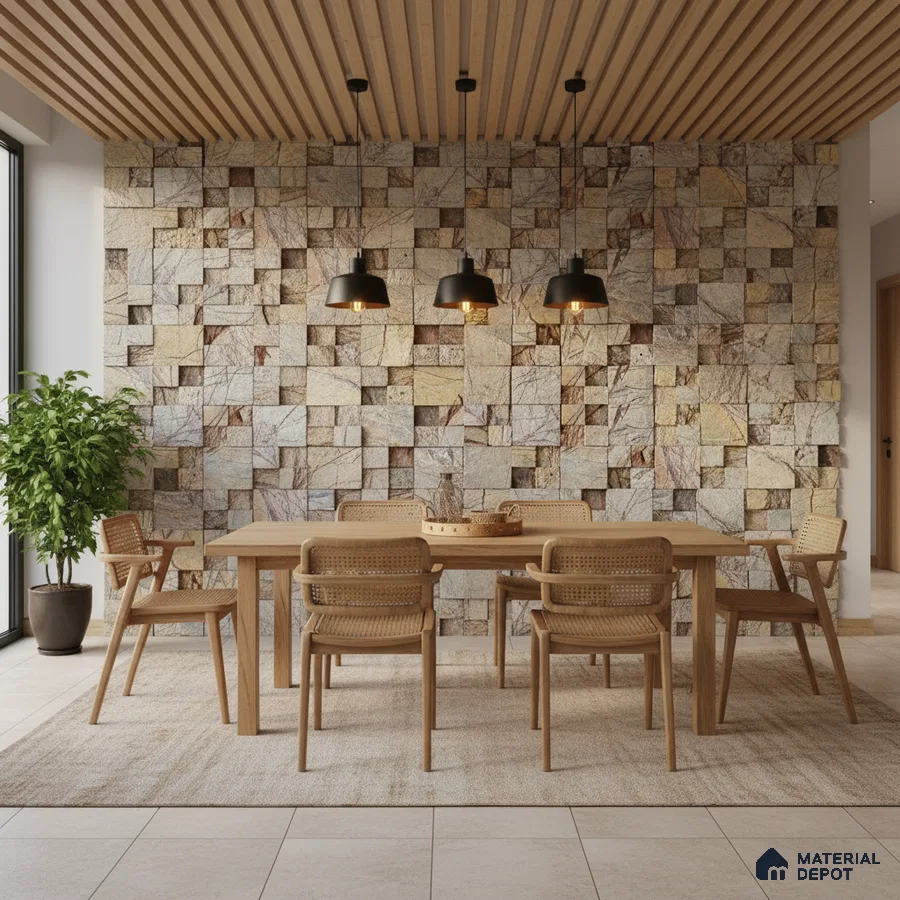 Scandinavian dining room with natural wood furniture, stone cladding accent wall, and wooden slat ceiling in Bengaluru