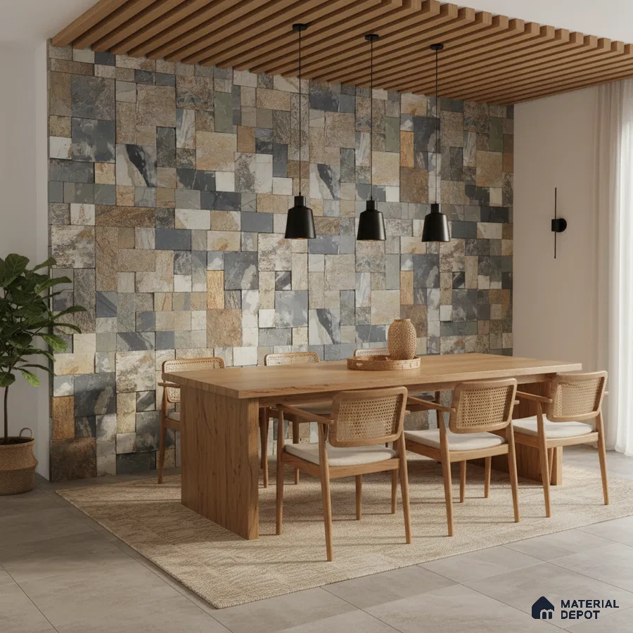 Scandinavian dining room with natural wood table, stone cladding accent wall, and wooden ceiling louvers in Bengaluru