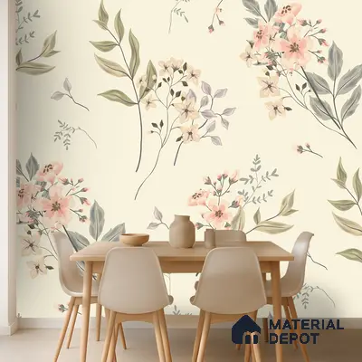 Scandinavian dining room with pastel floral wallpaper and light wood dining set in Bengaluru