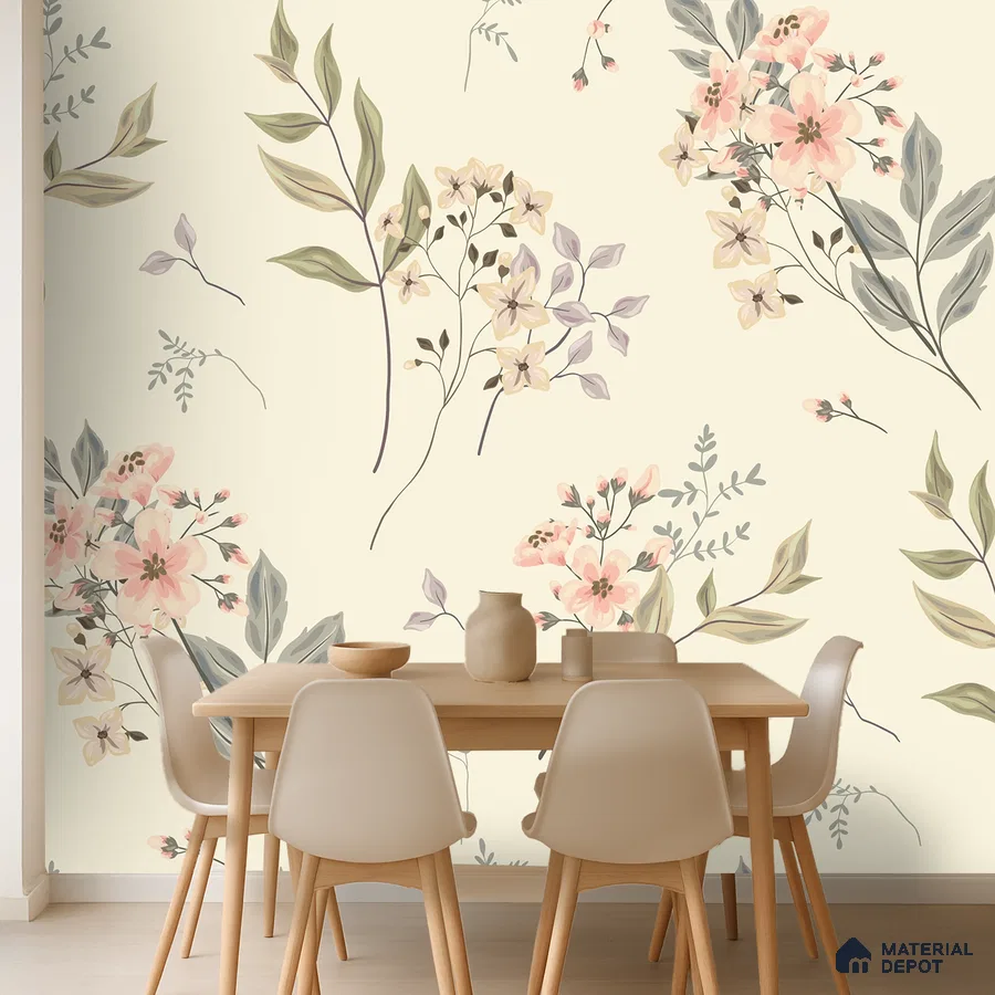 Scandinavian dining room with pastel floral wallpaper and light wood dining set in Bengaluru