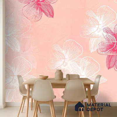 Scandinavian dining room with pastel floral wallpaper and light wood dining set in Bengaluru