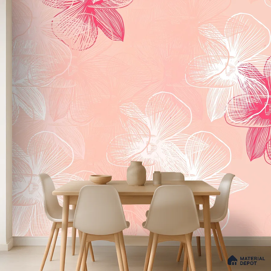 Scandinavian dining room with pastel floral wallpaper and light wood dining set in Bengaluru