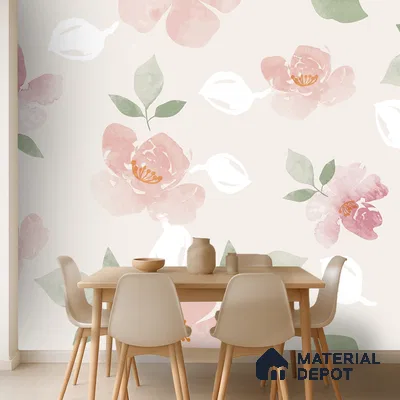 Scandinavian dining room with pastel floral wallpaper and light wood dining set in Bengaluru