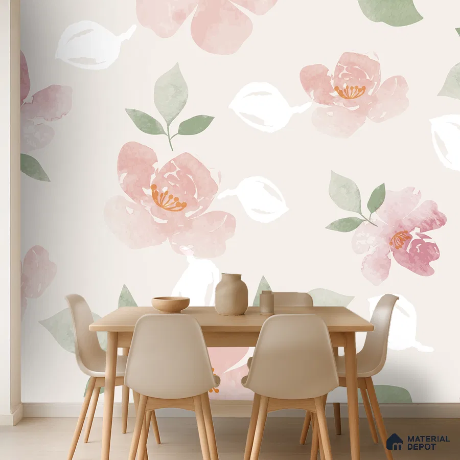 Scandinavian dining room with pastel floral wallpaper and light wood dining set in Bengaluru