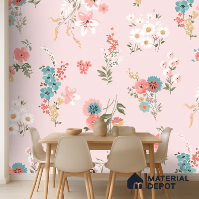 Scandinavian dining room with pastel floral wallpaper and light wood dining set in Bengaluru