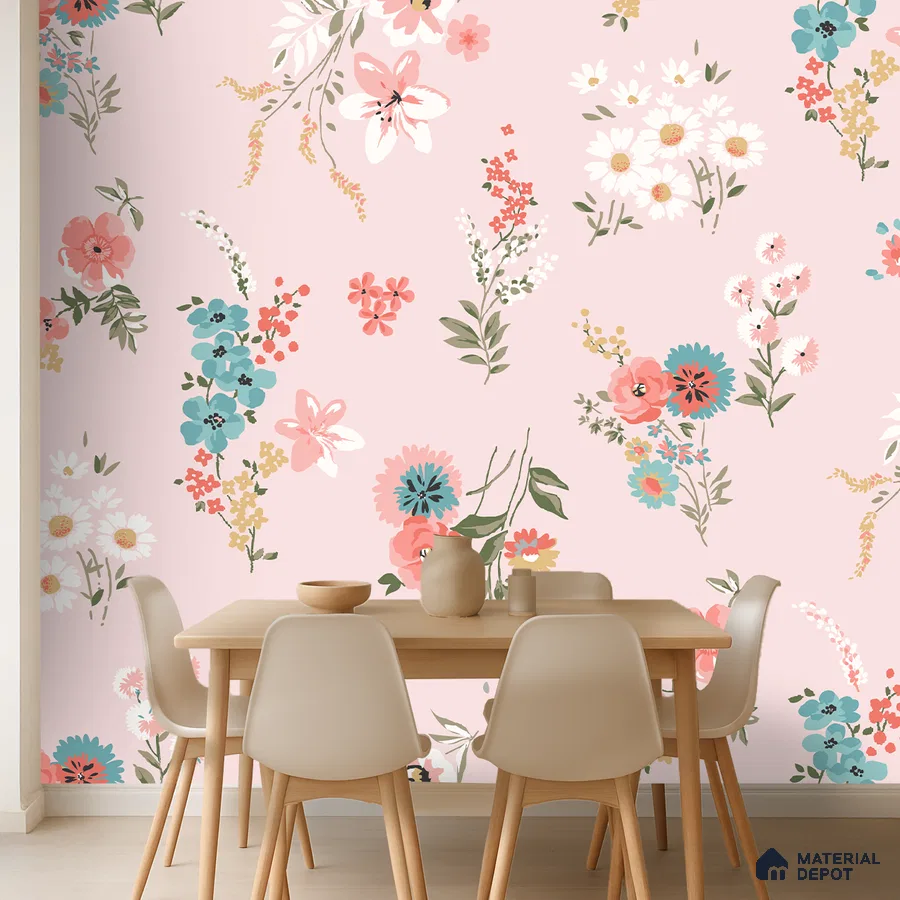Scandinavian dining room with pastel floral wallpaper and light wood dining set in Bengaluru