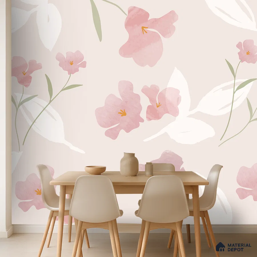 Scandinavian dining room with pastel floral wallpaper and light wood furniture in Bengaluru