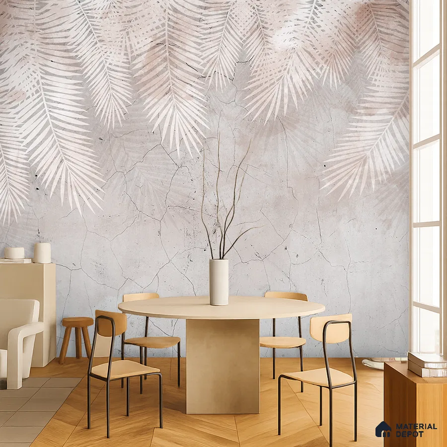 Scandinavian dining room with pastel palm patterned wallpaper and light wood chevron flooring in Bengaluru