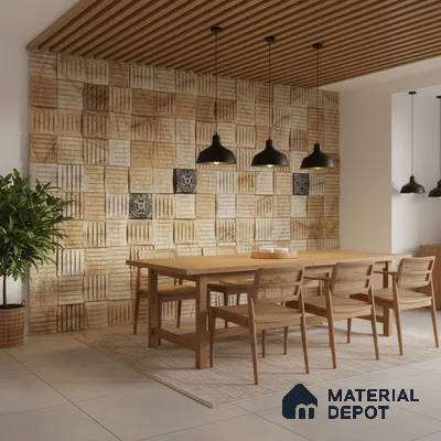 Scandinavian dining room with patterned beige wall tiles, oak wood dining set, and wooden slat ceiling in Bengaluru