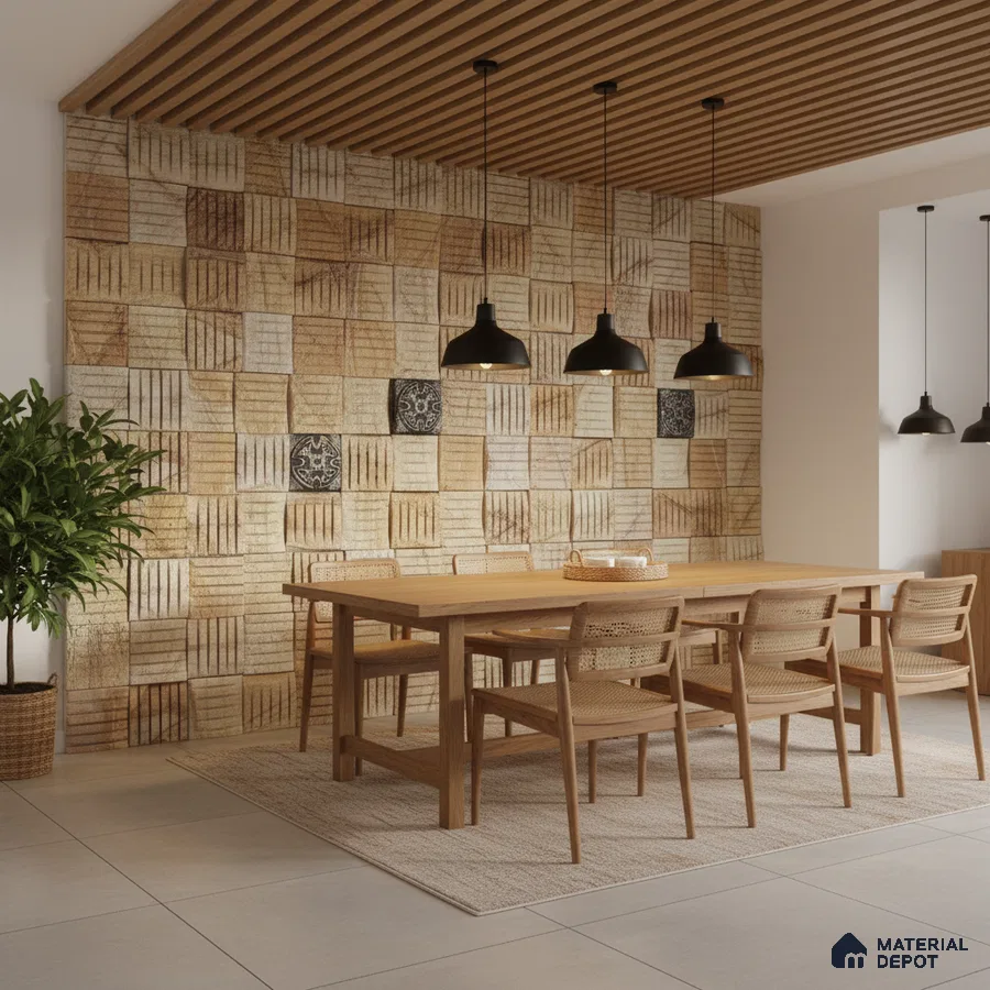 Scandinavian dining room with patterned beige wall tiles, oak wood dining set, and wooden slat ceiling in Bengaluru