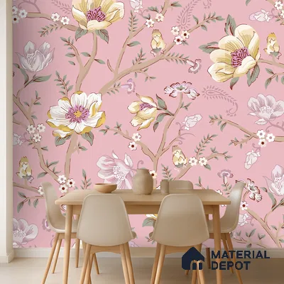 Scandinavian dining room with pink floral wallpaper and light wood dining set in Bengaluru