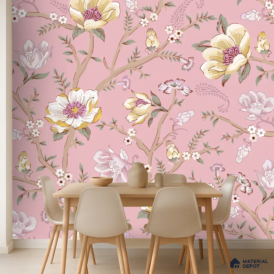 Scandinavian dining room with pink floral wallpaper and light wood dining set in Bengaluru