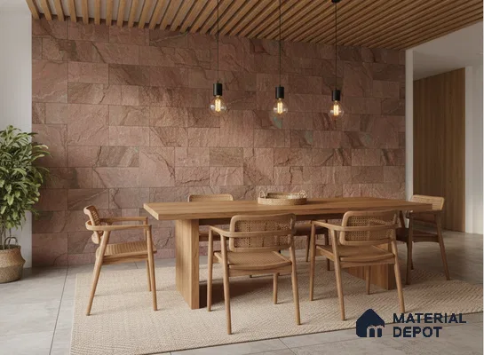 Scandinavian dining room with pink stone cladding wall and natural oak wood dining set in Bengaluru