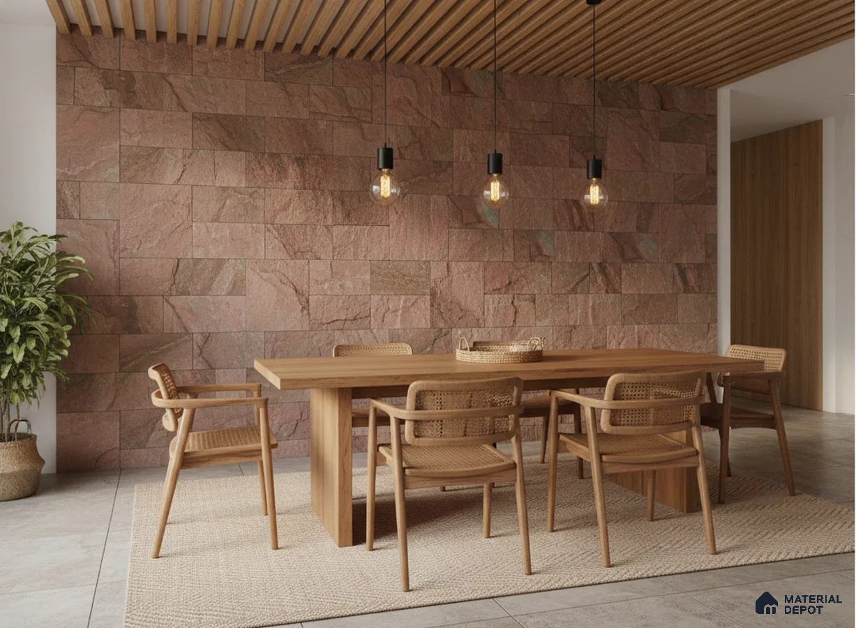 Scandinavian dining room with pink stone cladding wall and natural oak wood dining set in Bengaluru