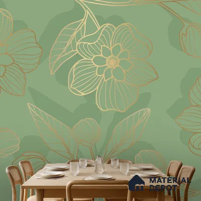 Scandinavian dining room with sage green floral wallpaper and light wood dining set in Bengaluru