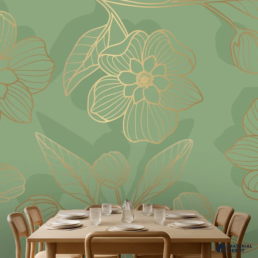 Scandinavian dining room with sage green floral wallpaper and light wood dining set in Bengaluru