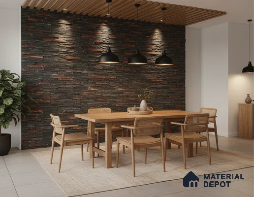 Scandinavian dining room with stacked stone cladding accent wall and natural oak wood dining set in Bengaluru