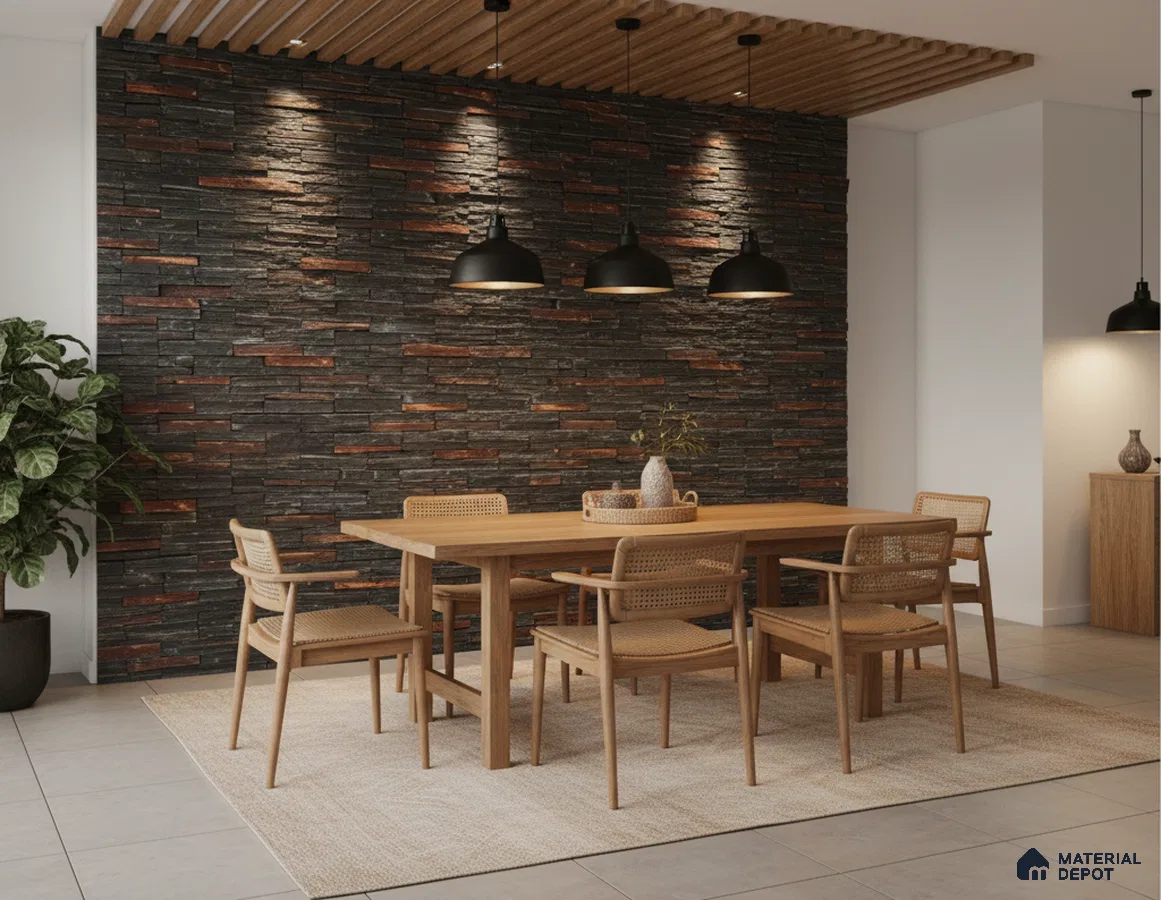 Scandinavian dining room with stacked stone cladding accent wall and natural oak wood dining set in Bengaluru