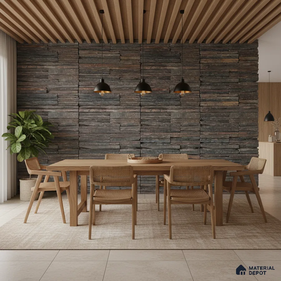 Scandinavian dining room with stacked stone cladding, oak wood dining set, and wooden slat ceiling in Bengaluru