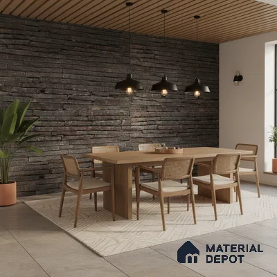 Scandinavian dining room with stacked stone cladding, oak wood dining set, and wooden slat ceiling in Bengaluru