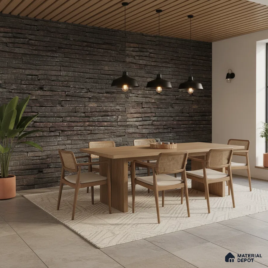 Scandinavian dining room with stacked stone cladding, oak wood dining set, and wooden slat ceiling in Bengaluru