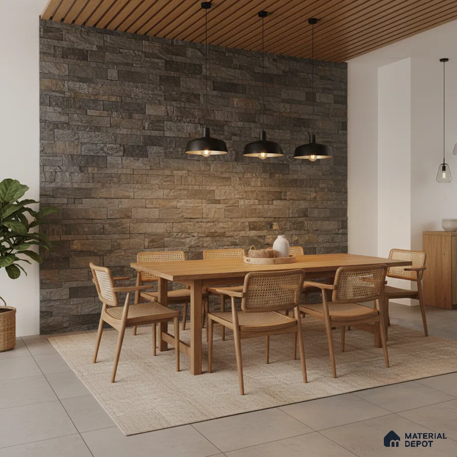 Scandinavian dining room with stone cladding accent wall and natural oak wood dining set in Bengaluru