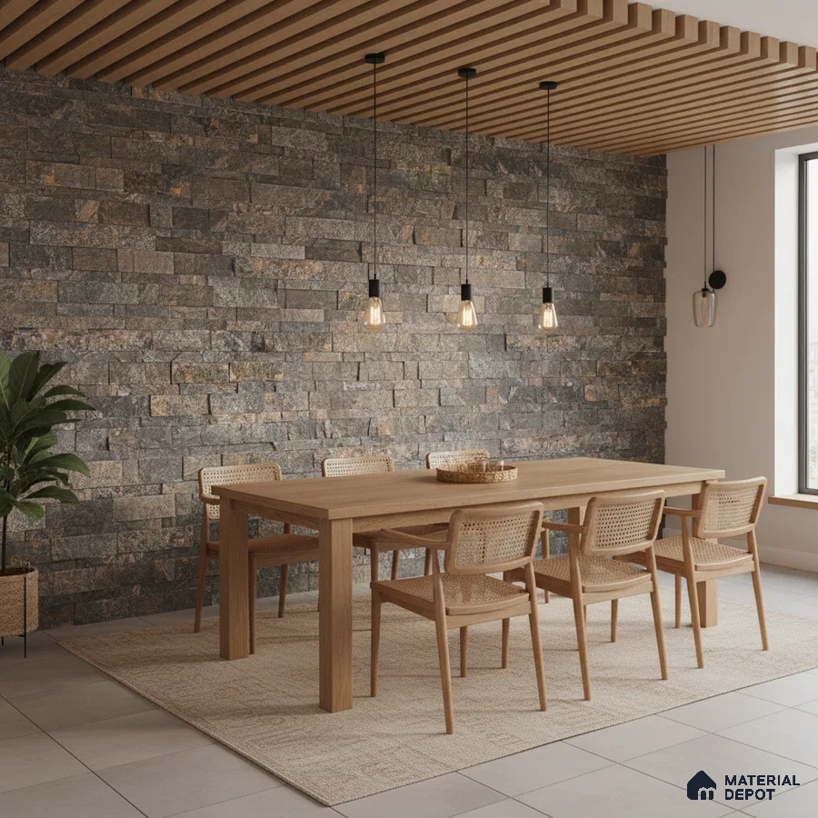 Scandinavian dining room with stone cladding accent wall and natural oak wood dining set in Bengaluru