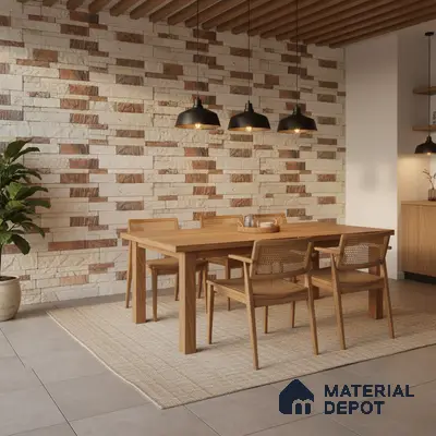 Scandinavian dining room with stone cladding accent wall and natural oak wood dining set in Bengaluru